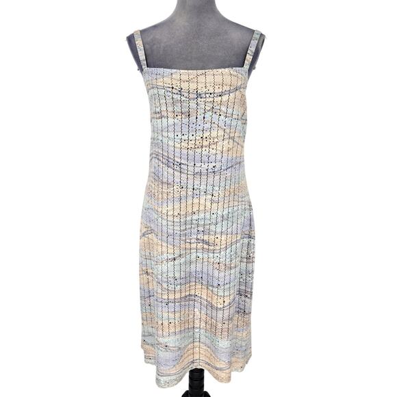 St John Evening Dress Womens 12 Beige Blue Sweater Stretch Knit Zipper Sequins - Picture 1 of 13